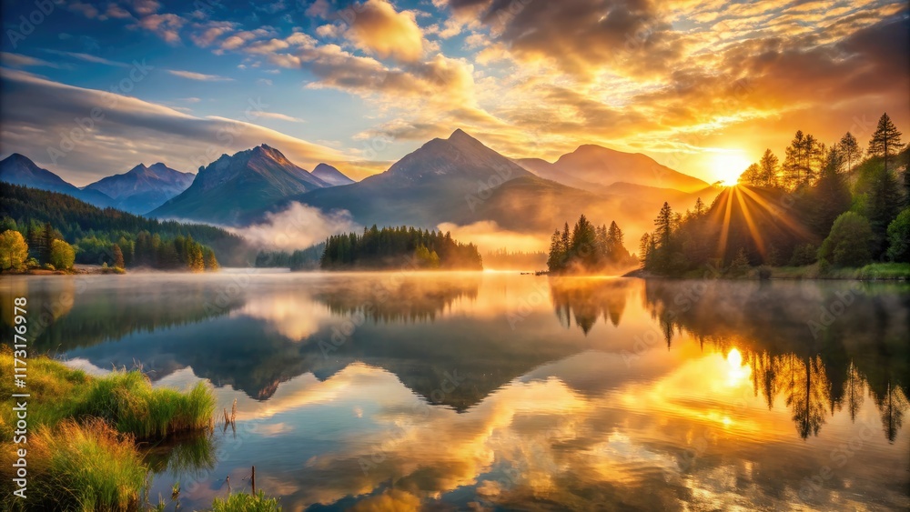 Fototapeta premium Peaceful dawn breaks over serene lake, majestic mountains mirroring calm.