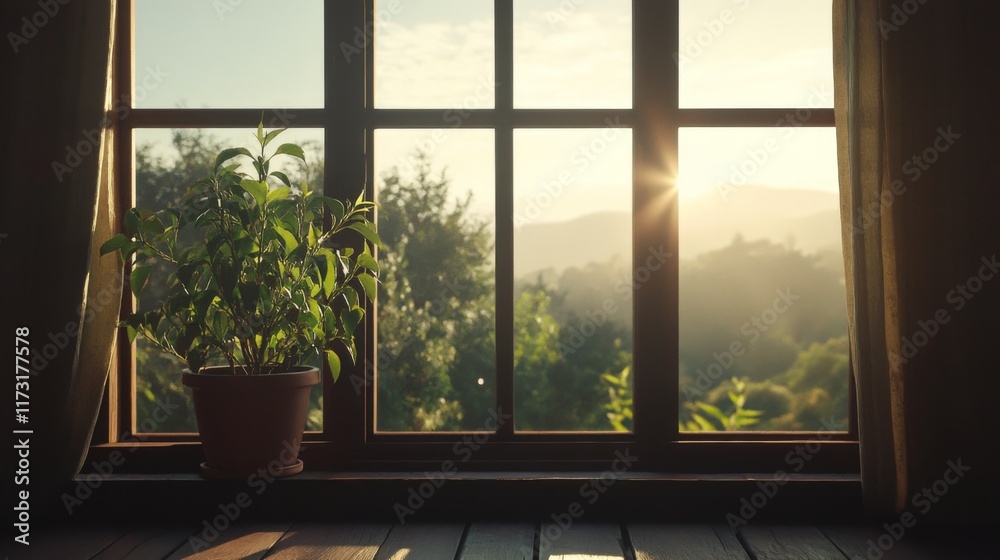 Naklejka premium Sunlit window view with potted plant, showcasing a tranquil landscape.