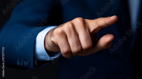 Focused Direction: A close-up of a businessman's hand, pointing forward with determination, a powerful image of leadership, vision, and guidance.   photo