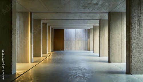Concrete hallway with light lines and pillars