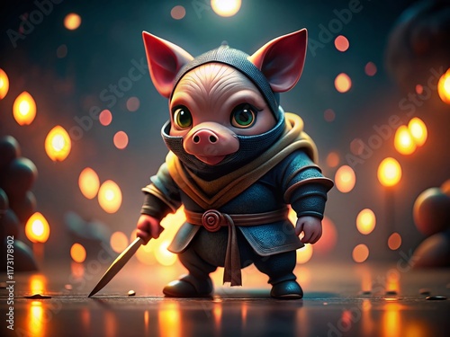 Cute Ninja Piglet with Sai, Low Light Dojo Action Shot photo