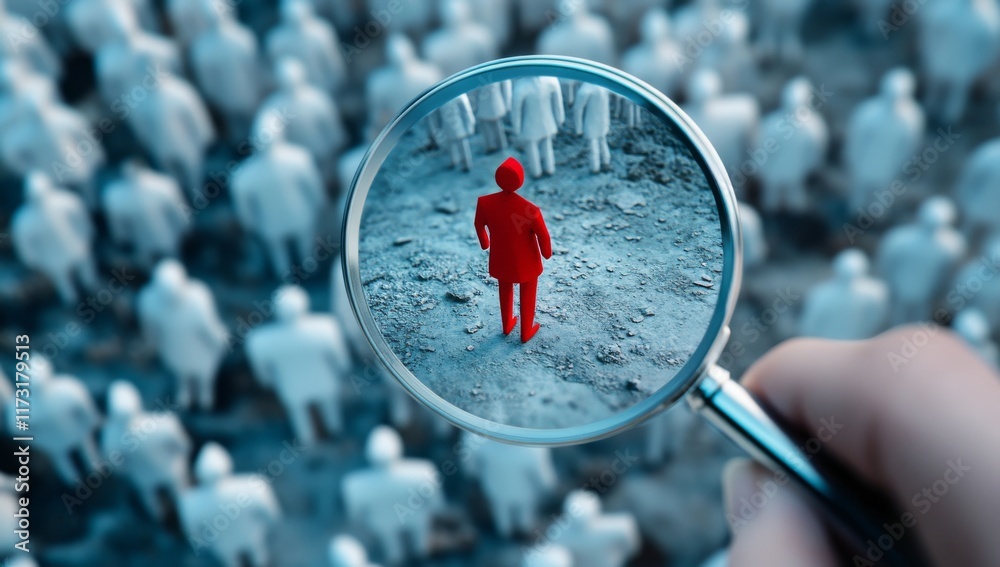 © EF Studio - A Magnifying Glass Zooms in on One Red Paper Person Among Many White People, Symbolizing the Selective Focus of the Job Selection and Screening Process