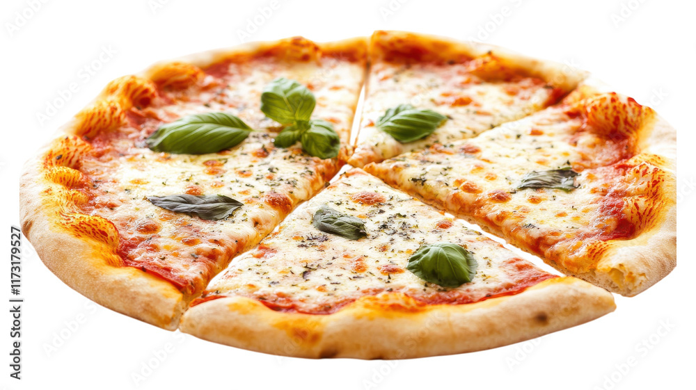 Freshly baked margherita pizza with basil leaves on a wooden table ready to be served.