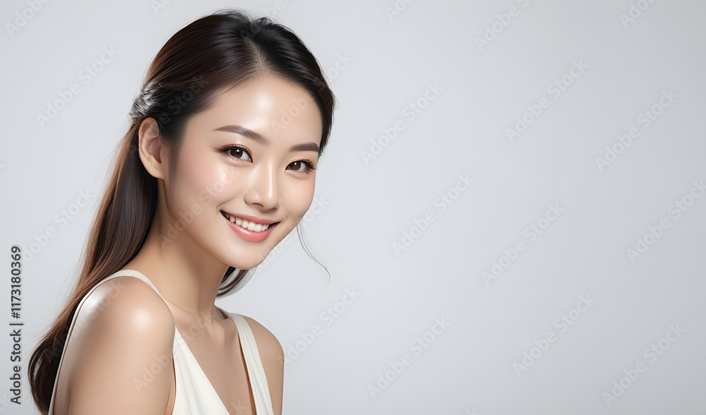 Beautiful woman face with healthy skin and natural make up. skincare advertising concept