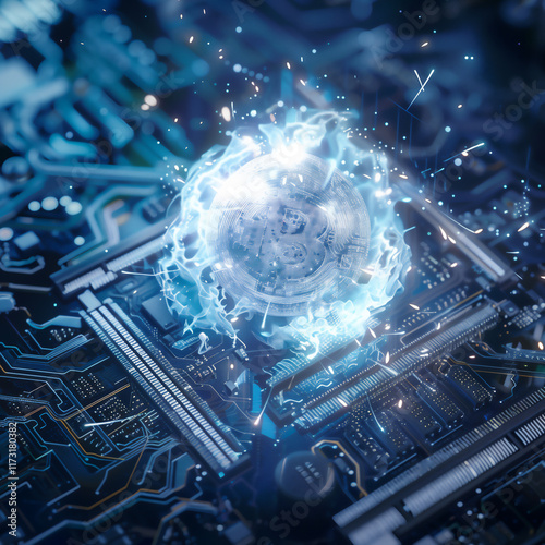 Bitcoin cryptocurrency blockchain being hacked and destroying all crypto digital wallets with the use of a quantum computer chip to decode the encryption data, technology stock illustration image