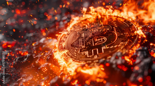 Bitcoin cryptocurrency blockchain being hacked and destroying all crypto digital wallets with the use of a quantum computer chip to decode the encryption data, technology stock illustration image