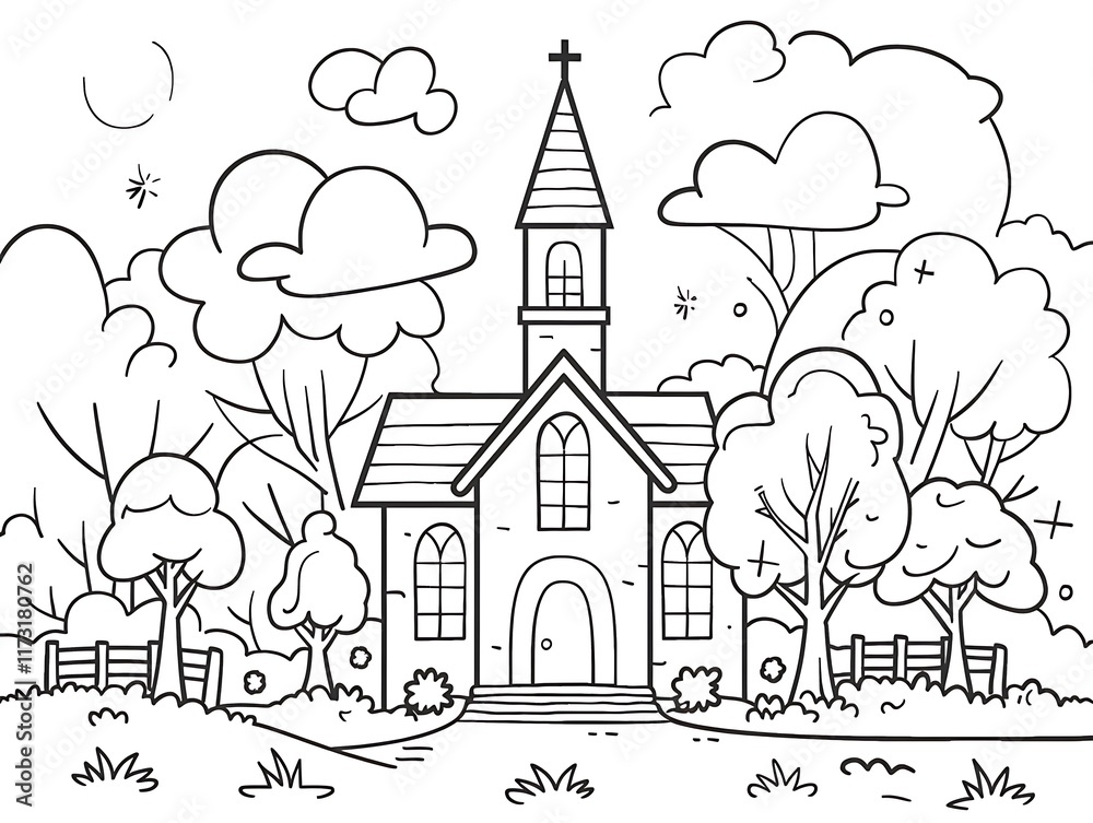 Outline of a church with a tall steeple on a white background Outline of a church with a tall steeple on a white background