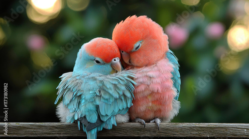 Colorful parrots cuddle on fence, blurred garden background, ideal for nature or pet themes photo