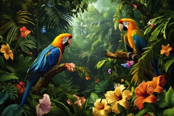Crédence de cuisine  Two Macaws Perched Among Lush Tropical Flora  © arri