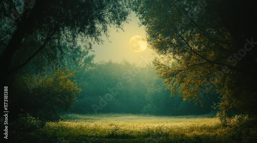 Full moon illuminates misty forest clearing at night.