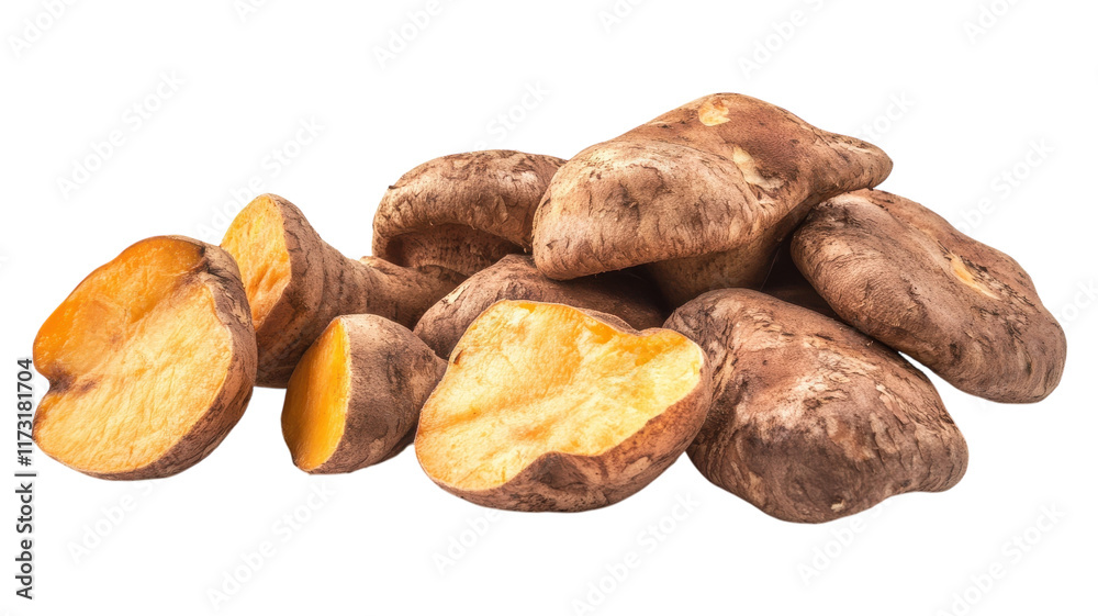 Freshly harvested sweet potatoes arranged on a white background showcasing their unique textures and colors. Freshly harvested sweet potatoes arranged on a white background showcasing their unique textures and colors.