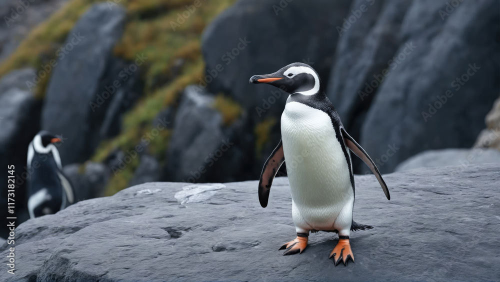Fototapeta premium Penguin stands proudly on a rocky shore while another penguin rests nearby in a natural habitat setting