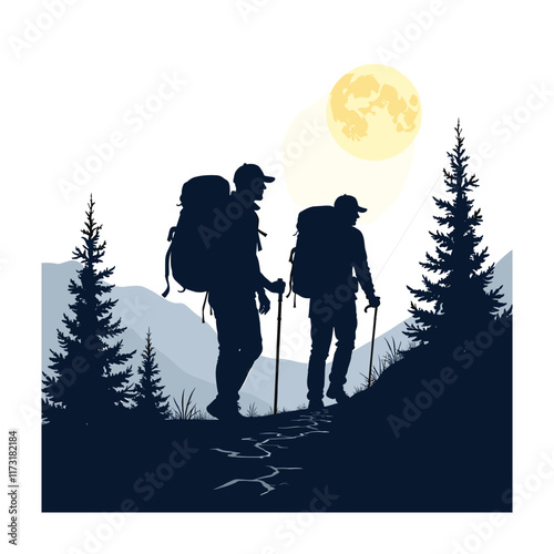 Hiking Silhouette vector illustration. Hiker mountain climber adventure silhouettes