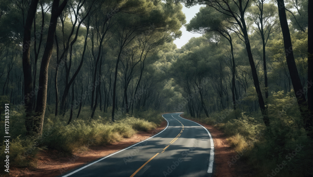 Fototapeta premium Serene winding road through a dense forest with lush green trees and soft sunlight filtering through the leaves