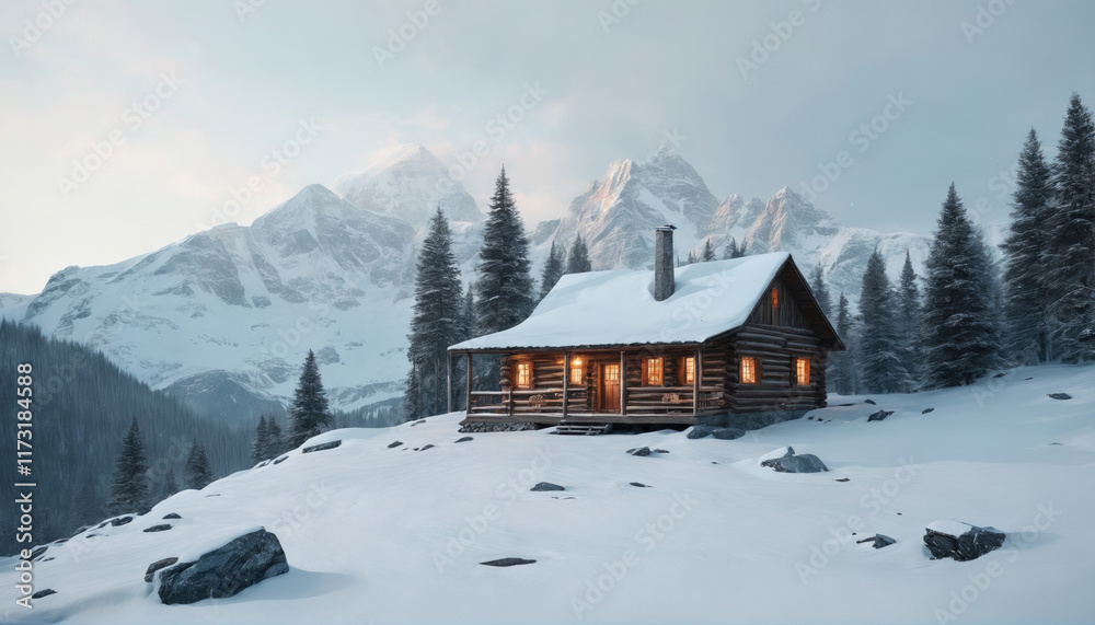 Cozy cabin in snowy mountain landscape during twilight with glowing windows Cozy cabin in snowy mountain landscape during twilight with glowing windows