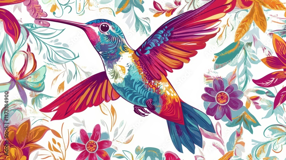 Obraz premium Vibrant Hummingbird Soaring Amidst Colorful Floral Designs