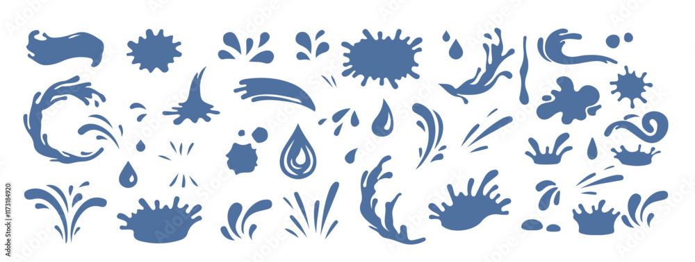 Water splash silhouettes set vector illustration. Colorful water splash vector silhouettes.