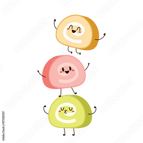 Swiss roll cake on white background. Swiss roll cake character vector.