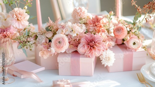 Pink wrapped presents with floral decorations arranged creatively on a white table for a special occasion photo