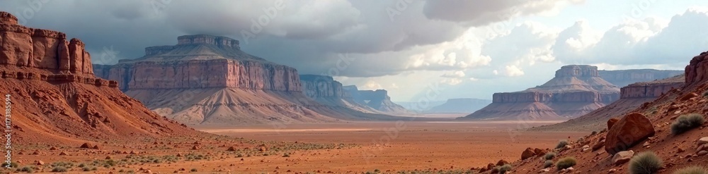 Fototapeta premium rugged mountain landscape under gray cloudy sky, vast spaces, desert landforms