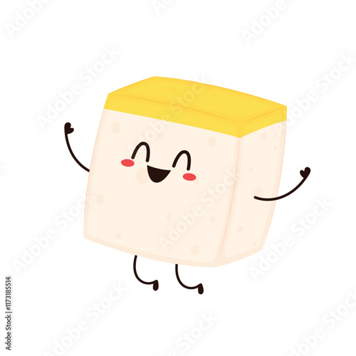 Yellow tofu cartoon. Happy cute smiling funny tofu. character design. Vegetarian nutrition, healthy food.