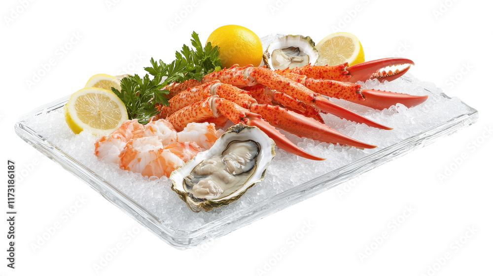 Fresh seafood platter featuring lobster, shrimp, oysters, and lemon slices on ice for a gourmet dining experience.