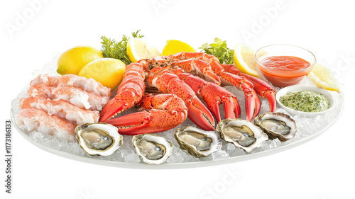 Fresh seafood platter featuring lobster, shrimp, oysters, and garnishes with lemon slices served on ice.