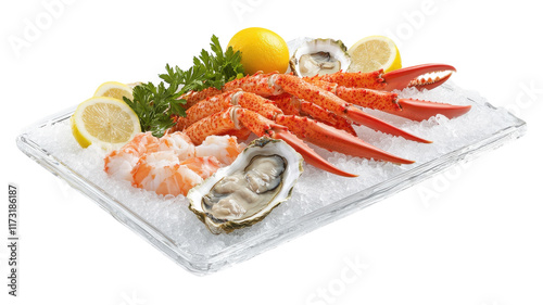 Obraz na płótnie Fresh seafood platter featuring lobster, shrimp, oysters, and lemon slices on ice for a gourmet dining experience. w salonie