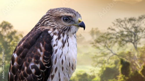 Red tailed hawk resing on tree top, Red-tailed Hawks are large hawks with typical Buteo proportions: very broad, rounded wings and a short, wide tail.Close up Red-tailed hawk.