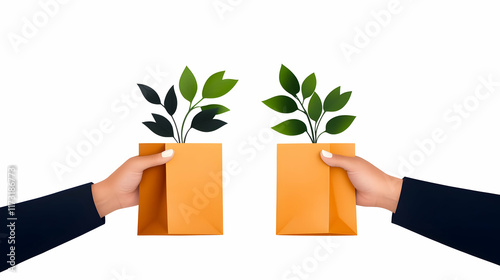 Hands holding reusable shopping bags, filled with Green Monday sale products photo