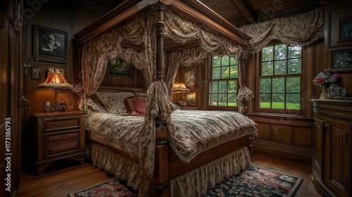 Luxurious four-poster bed in a rustic wooden bedroom with a view. photo