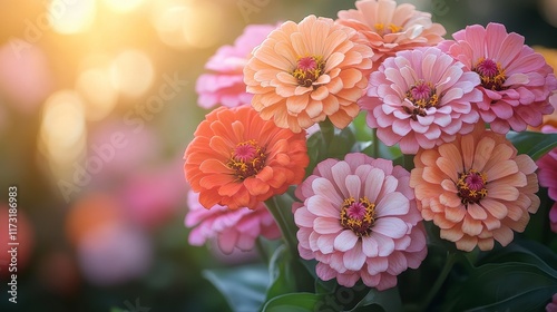 Close-up of vibrant, multicolored zinnias in soft sunlight. photo