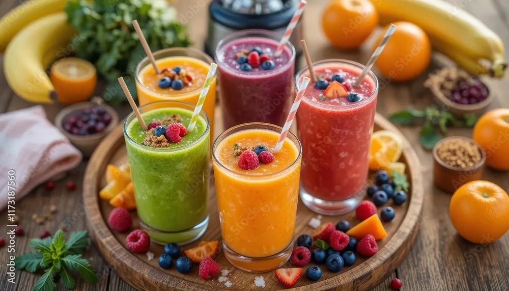 Colorful and Healthy Fruit Smoothies, Vibrant Selection of Fresh Smoothies Colorful and Healthy Fruit Smoothies, Vibrant Selection of Fresh Smoothies
