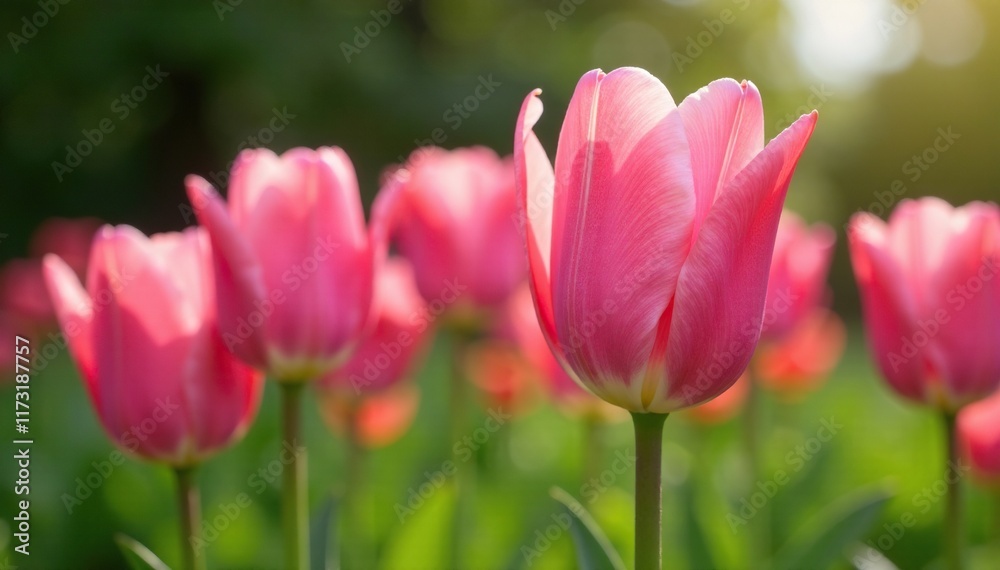 Soft pink petals unfurl on slender green stem, pink tulips blooming in garden, floral Soft pink petals unfurl on slender green stem, pink tulips blooming in garden, floral