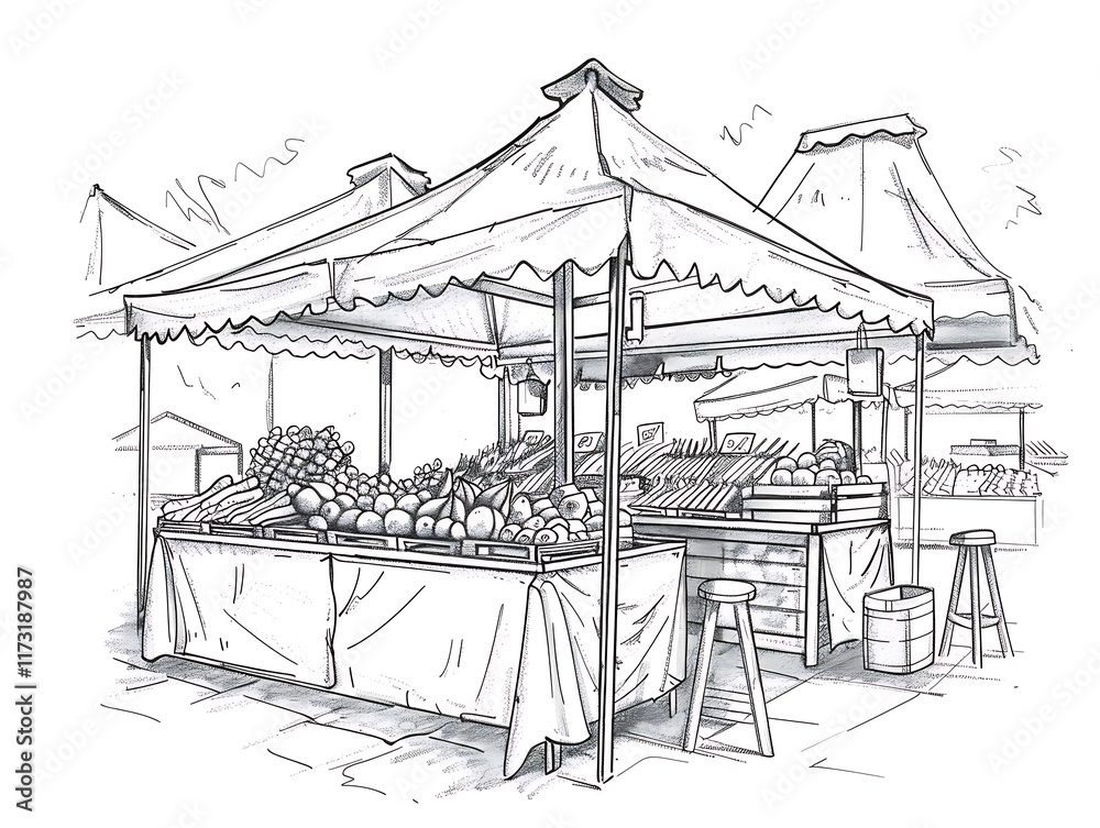 Fototapeta premium Outline of a street market canopy on a white background