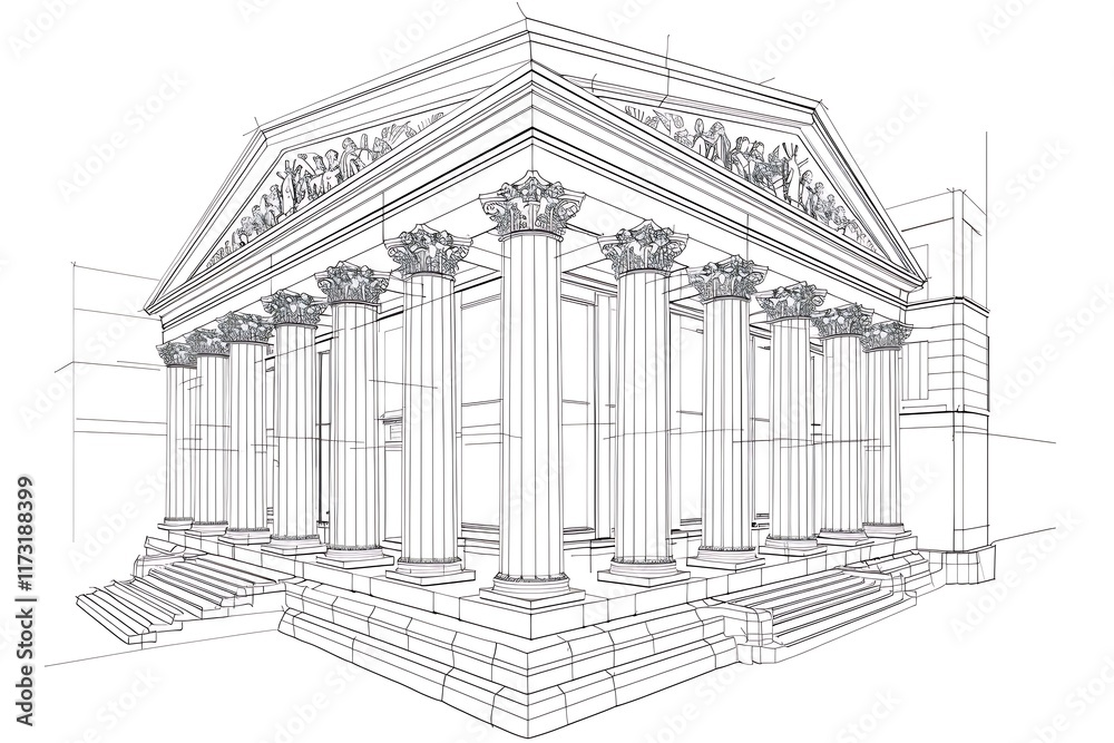 Fototapeta premium Outline of a courthouse with large columns on a white background