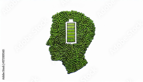 Silhouette of a human head made of lush green foliage with a battery icon symbolizing renewable energy, sustainability, and eco awareness.

 photo