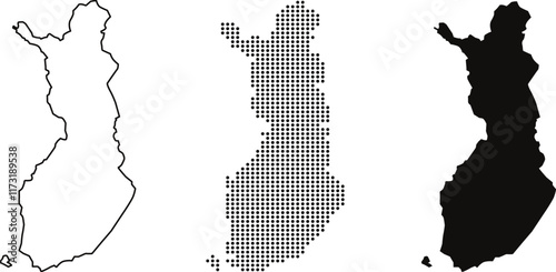 Stylized Finland Map Variations: Minimal Outline, Dotted Grid, and Solid Shadow Designs	