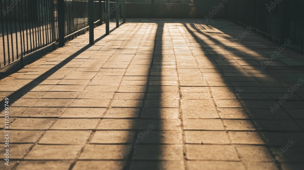 Sunlight casts long shadows on a paved walkway. Sunlight casts long shadows on a paved walkway.