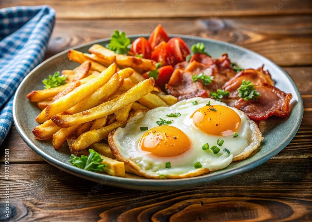 Delicious Homemade Breakfast: Eggs, Bacon, and Fries on a Plate Delicious Homemade Breakfast: Eggs, Bacon, and Fries on a Plate