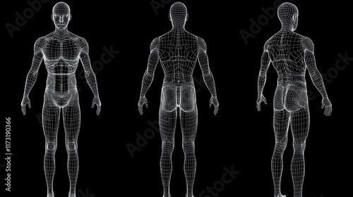 Three-dimensional human model in black wireframe from various angles isolated on transparent background