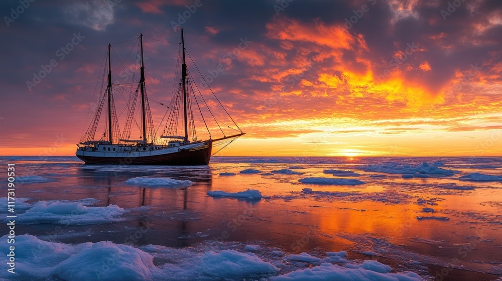 Fototapeta premium The beauty of a frozen sea at sunset, with glowing skies and a two-masted sailboat adding charm to the icy horizon