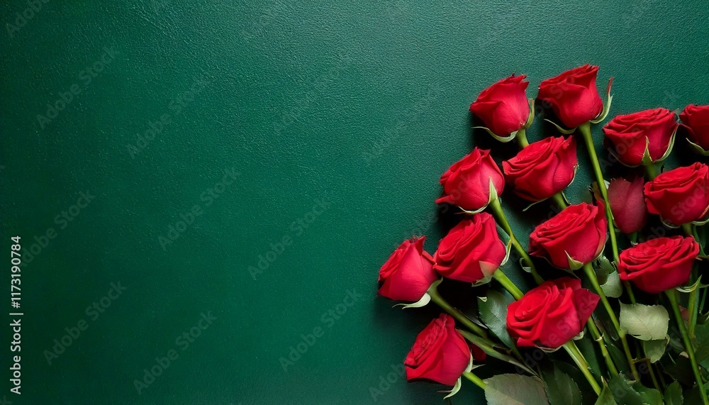 Fototapeta premium Red rose flower stem bunch flat lay top view on neutral white clean