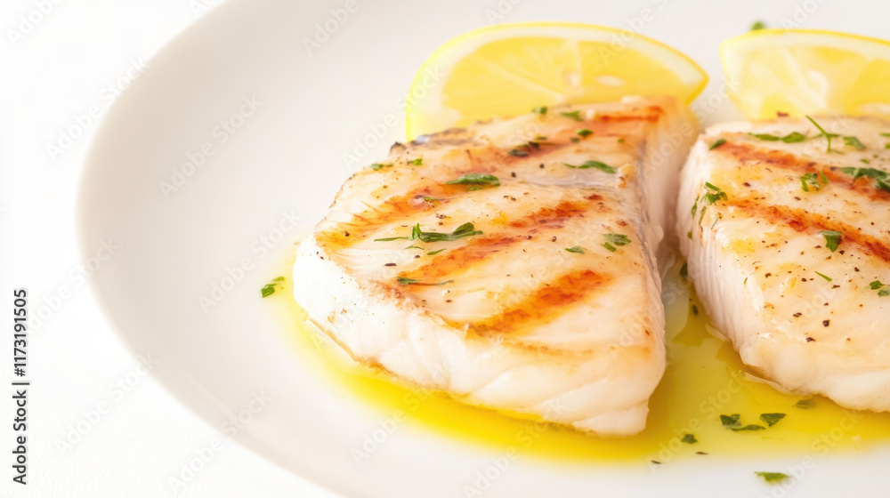 Grilled swordfish steaks with garlic butter, garnished with fresh herbs and lemon slices, served on white plate for delicious and healthy meal Grilled swordfish steaks with garlic butter, garnished with fresh herbs and lemon slices, served on white plate for delicious and healthy meal