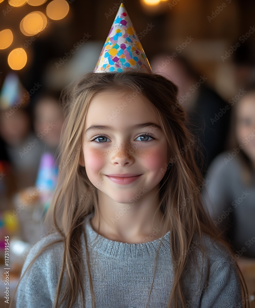 Fototapeta premium Happy girl in party hat at birthday.