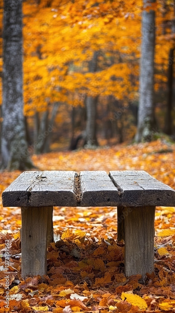 Rustic Wooden Bench Surrounded by Vibrant Fall Foliage in a Serene Forest Setting Rustic Wooden Bench Surrounded by Vibrant Fall Foliage in a Serene Forest Setting