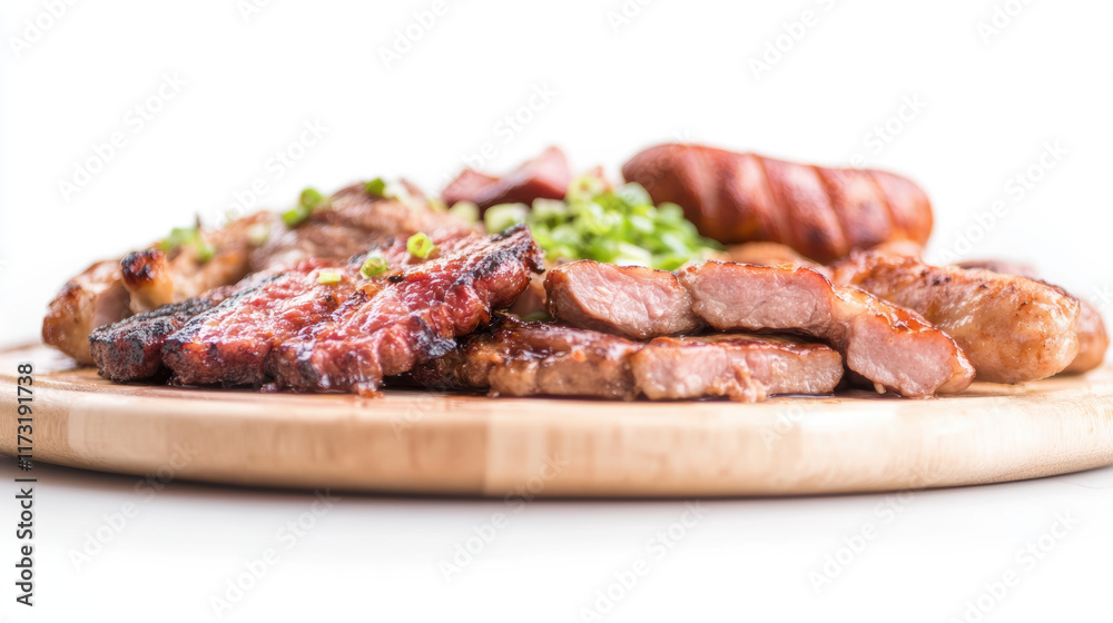 platter of assorted grilled meats, including steak, sausages, and pork, garnished with fresh herbs, served on wooden board, showcasing delicious and hearty meal platter of assorted grilled meats, including steak, sausages, and pork, garnished with fresh herbs, served on wooden board, showcasing delicious and hearty meal