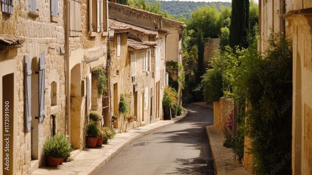 Charming French Village Street: Picturesque Stone Houses and Sunlit Lane Charming French Village Street: Picturesque Stone Houses and Sunlit Lane