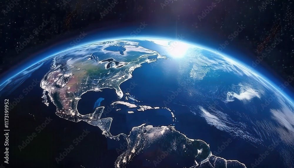 Fototapeta premium Stunning View of North America from Space at Night with City Lights Illuminating the Landscape Under a Starry Sky