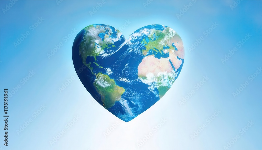 Naklejka premium Heart-Shaped Earth Depicting Love for Planet and Sustainability in a Clear Blue Sky, Celebrating Earth Day and Global Unity